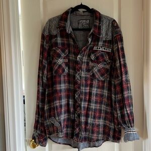 Affliction Black Premium. men’s button down plaid burgundy/grey/black 3XL